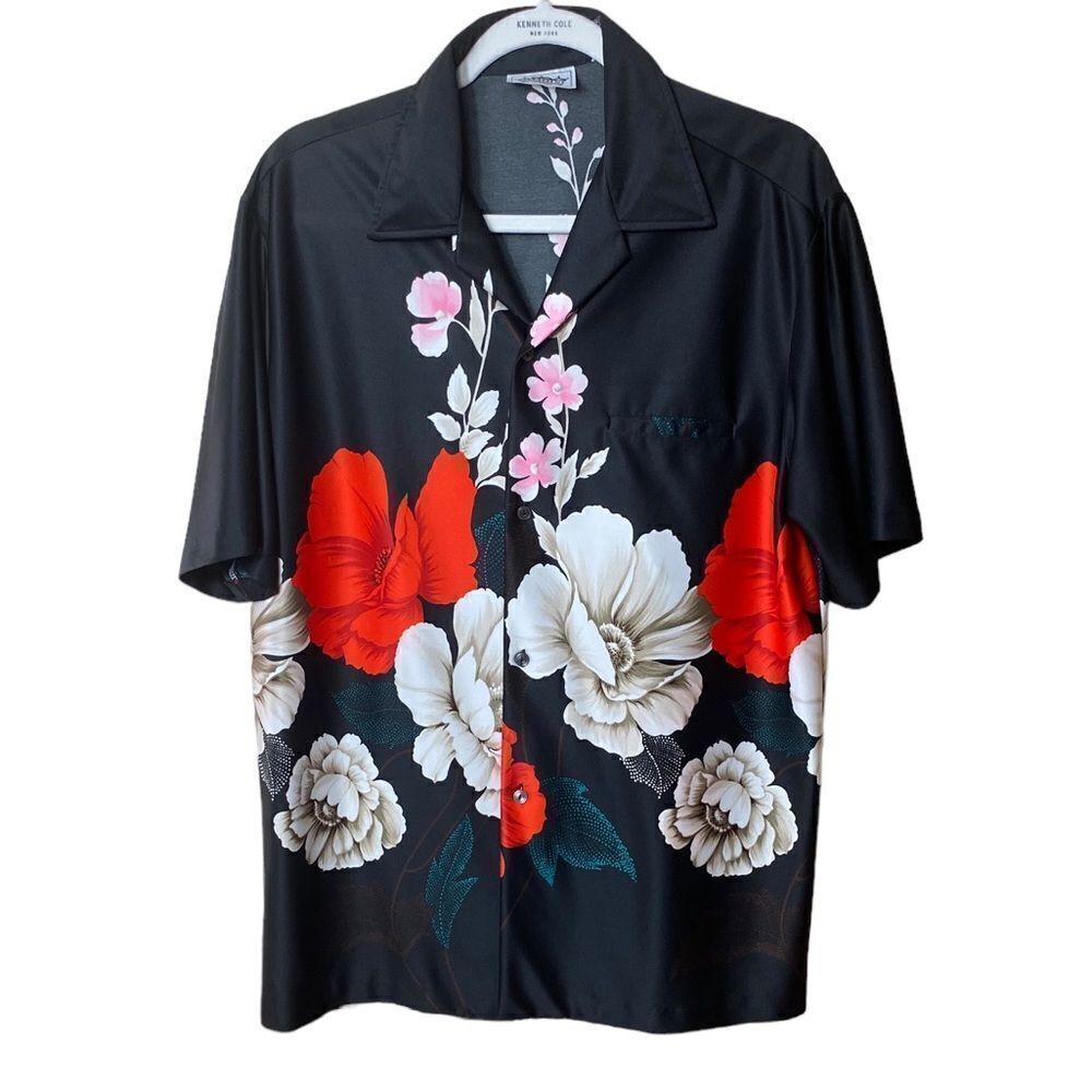 Malihini Men’s Sz Lrg Black Red White Floral Button Down Hawaiian Shirt Vtg 70s
